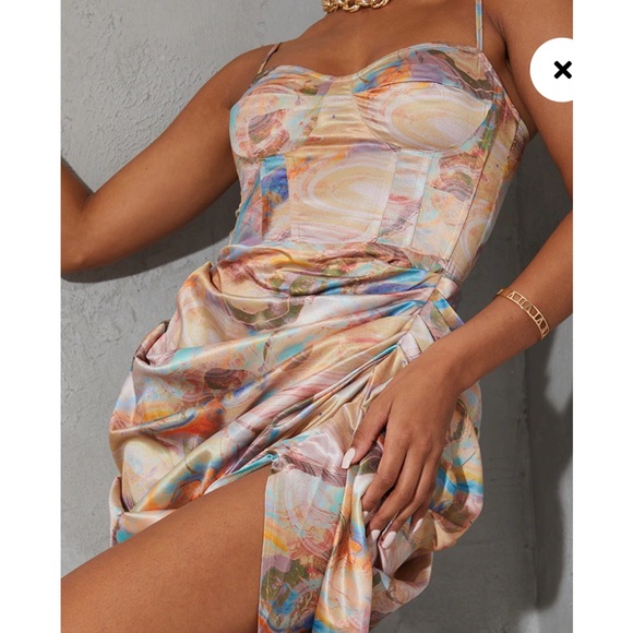 Multi Marble Print Satin Ruched Skirt Corset Detail Midi Dress size 6 - Picture 3 of 12